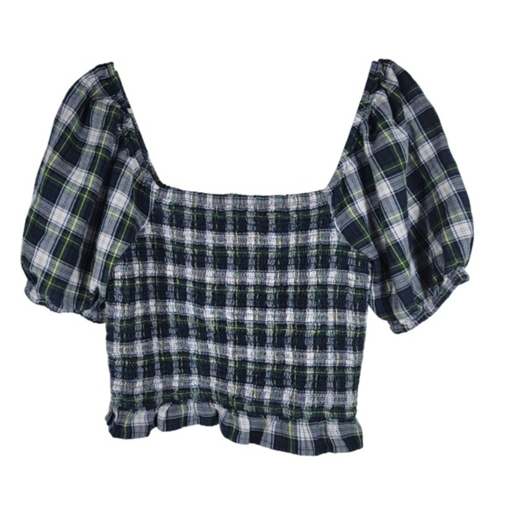 American Eagle Plaid Smocked Square Neck Puff Sleeve Crop Top Women's M